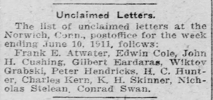 Norwich Bulletin 1911 Unclaimed Letters