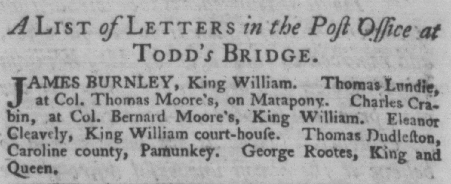 A list of Letters in the Post Office at Todd's Bridge