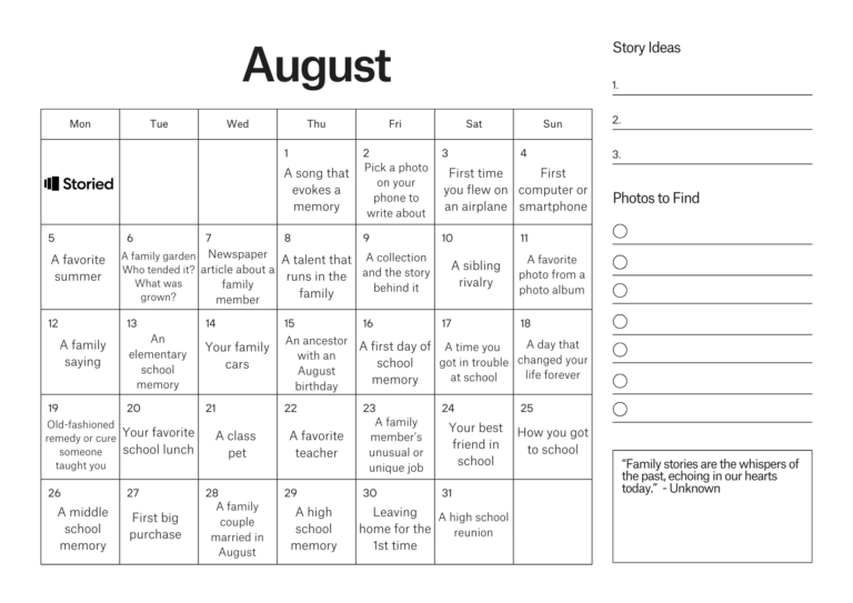 August Prompt Calendar